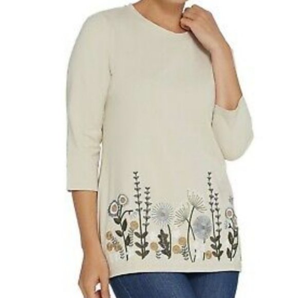 Denim&Co Tops - Denim & Co Jersey Round-Neck Embroidered Top  7866